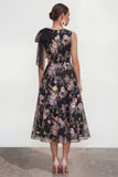 A Line Printed Bowed Midi Multi Floral Dress with Pockets