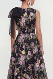 A Line Printed Bowed Midi Multi Floral Dress with Pockets