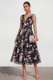 Black V-Neck Midi A Line Floral Dress with Bow