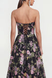 Strapless A Line Black Pink Flower Midi Dress with Pockets