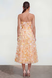 Champagne Strapless A Line Midi Dress with 3D Flowers