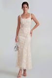 Lilac Sheath Sheer Corset Square Neck Midi Floral Dress with Lace Up Back