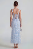 Lilac Sheath Sheer Corset Square Neck Midi Floral Dress with Lace Up Back