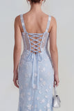 Lilac Sheath Sheer Corset Square Neck Midi Floral Dress with Lace Up Back
