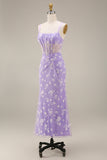 Lilac Sheath Sheer Corset Square Neck Midi Floral Dress with Lace Up Back