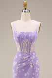 Lilac Sheath Sheer Corset Square Neck Midi Floral Dress with Lace Up Back