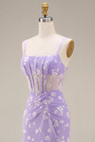 Lilac Sheath Sheer Corset Square Neck Midi Floral Dress with Lace Up Back