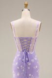 Lilac Sheath Sheer Corset Square Neck Midi Floral Dress with Lace Up Back