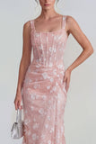 Lilac Sheath Sheer Corset Square Neck Midi Floral Dress with Lace Up Back