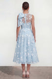 Pink Floral A-Line Bowed Round Neck Midi Dress with Pockets