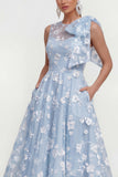 Pink Floral A-Line Bowed Round Neck Midi Dress with Pockets
