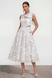 Pink Floral A-Line Bowed Round Neck Midi Dress with Pockets