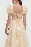 Blue Floral A-Line Lace Up Back Midi Dress with Puff Sleeves