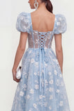 Blue Floral A-Line Lace Up Back Midi Dress with Puff Sleeves