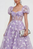 Blue Floral A-Line Lace Up Back Midi Dress with Puff Sleeves