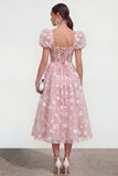 Blue Floral A-Line Lace Up Back Midi Dress with Puff Sleeves