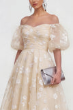 Off The Shoulder A-Line Pink Midi Floral Dress with Lace Up Back