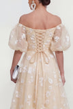 Off The Shoulder A-Line Pink Midi Floral Dress with Lace Up Back