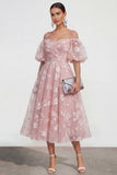 Off The Shoulder A-Line Pink Midi Floral Dress with Lace Up Back