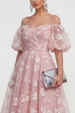 Off The Shoulder A-Line Pink Midi Floral Dress with Lace Up Back