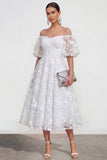 Off The Shoulder A-Line Pink Midi Floral Dress with Lace Up Back