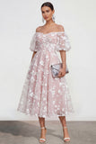 Off The Shoulder A-Line Pink Midi Floral Dress with Lace Up Back