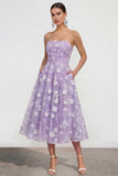 Strapless A-Line Midi Lilac Floral Dress with Pockets