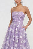 Strapless A-Line Midi Lilac Floral Dress with Pockets