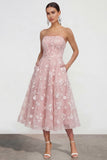 Strapless A-Line Midi Lilac Floral Dress with Pockets
