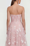 Strapless A-Line Midi Lilac Floral Dress with Pockets
