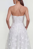 Strapless A-Line Midi Lilac Floral Dress with Pockets