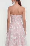 Strapless A-Line Midi Lilac Floral Dress with Pockets