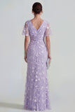 Blue Sheath Short Sleeves Long Floral Dress with Slit