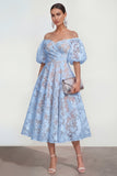 Off The Shoulder A-Line Midi Pink Floral Dress with Puff Sleeves