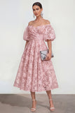 Off The Shoulder A-Line Midi Pink Floral Dress with Puff Sleeves