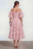 Off The Shoulder A-Line Midi Pink Floral Dress with Puff Sleeves