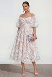 Off The Shoulder A-Line Midi Pink Floral Dress with Puff Sleeves