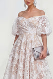 Off The Shoulder A-Line Midi Pink Floral Dress with Puff Sleeves