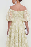 Off The Shoulder A-Line Midi Pink Floral Dress with Puff Sleeves