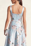 Blue Square Neck A Line Printed Satin Midi Floral Dress