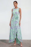 Blue A-Line 3D Flower Printed Long Chiffon Dress with Ruffle Slit