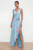 Blue Chiffon A-Line Ruched Side Slit Floral Dress with 3D Flower