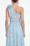 Green One Shoulder A-Line Ruched Chiffon Floral Dress with 3D Flower