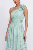 Green One Shoulder A-Line Ruched Chiffon Floral Dress with 3D Flower