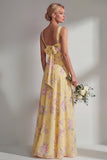 Chiffon Blue Pink Flower One Shoulder Ruched Printed Long Bridesmaid Dress with Slit