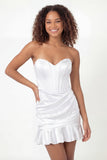 White Sweetheart Satin Corset Ruched Mini Graduation Dress with Ruffles