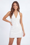 Sparkly White Halter Bodycon Mini Dress with Sequins