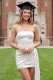 White Strapless Ruched Bodycon Mini Dress with Sash
