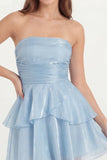 Glitter White Strapless A Line Tiered Ruffled Short Graduation Dress