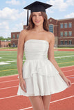 Glitter White Strapless A Line Tiered Ruffled Short Graduation Dress